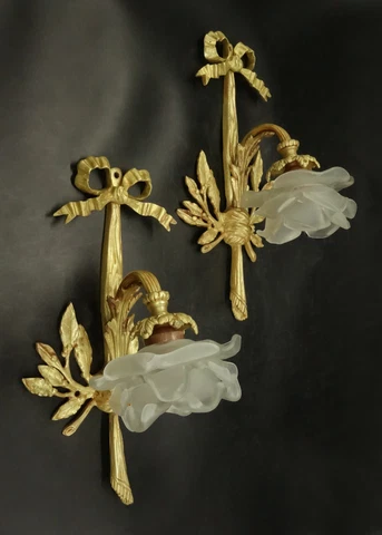 PAIR OF SCONCES KNOT DECOR LOUIS XVI STYLE EARLY 1900 - BRONZE - FRENCH ANTIQUE Cover