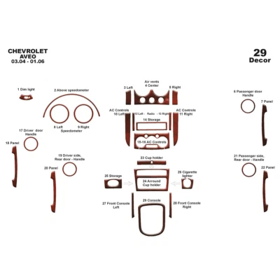 Kit de cubierta de tablero interior de madera para Chevrolet Aveo 2004-2006 29 piezas Foto 1 de 4