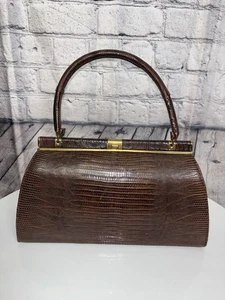 VINTAGE BELLESTONE BROWN LIZARD LEATHER PILLBOX PURSE HANDBAG - Picture 1 of 11