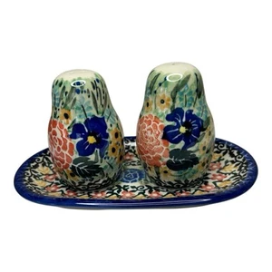 UNIKAT Polish Pottery Salt & Pepper on Tray NEW Signed Teresa Liana - Picture 1 of 8