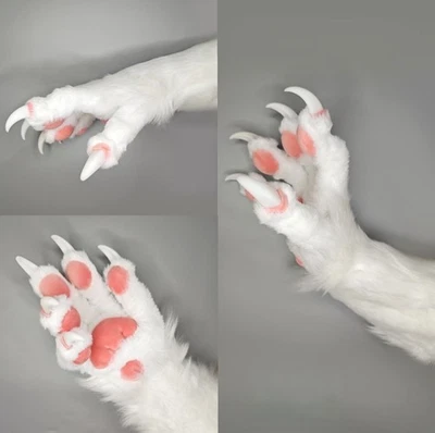 Custom Realistic White Cat Fursuit Paws Pink Beans Sharp Claws Furry Handpaws - Image 1 of 2