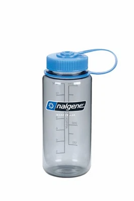 Nalgene Wide Mouth 16oz BPA Free Water Bottle Clear Gray w/Blue Lid Sustain
