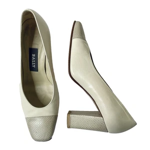 Bally Size 6.5 Cream High Heels Snakeskin Cap Toe Beige Slip On Shoes Square Toe - Picture 1 of 8