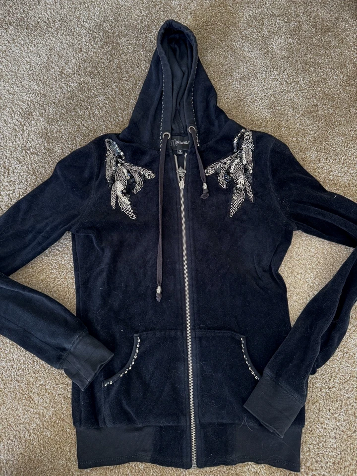 Sudadera con capucha Miss Me para mujer pequeña negra terciopelo bordado lentejuelas cuentas y2k Foto 1 de 4