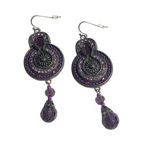 Pendientes colgantes vintage púrpura con cuentas intrincados metalistería diseño gota cristal - Imagen 1 de 5