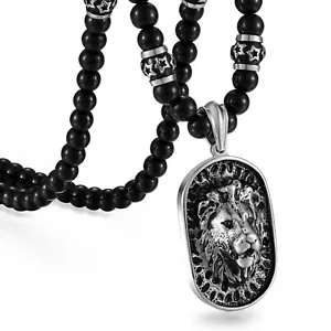 Men's Vintage Goth Onyx Beads Lion Head Shield Stainless Steel Pendant Necklace - Picture 1 of 4