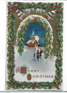 FELIZ NAVIDAD, HERMOSA, POSTAL DE SALUDOS EN RELIEVE-FAMILIA, IGLESIA, POINSETTAS - Imagen 1 de 2