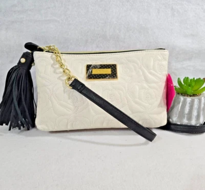 Betsey Johnson Women's Blush Bone Double Zip Bag Tasseled Quilted Floral NEW - Image 1 of 4