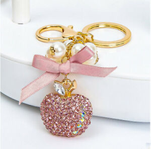 Bling Rhinestone Graven 3D Cubic Apple Shaped Metal Keychain Car with Beads