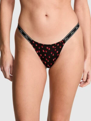 Victoria's Secret PINK - S Logo Cotton Micro Thong Panty Black Strawberry Small - Image 1 of 3