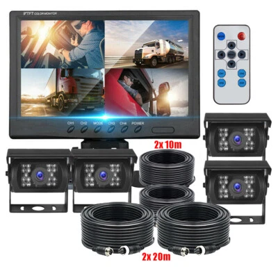 9" QUAD SPLITSCREEN MONITOR SCREEN 4x REAR VIEW BACKUP CAMERA 12-24V FOR TRUCK - Image 1 of 4
