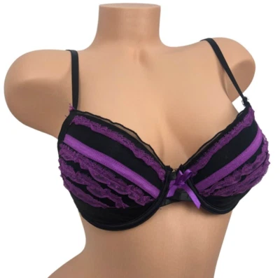 Native Intimates Padded Push Up Demi Balconette Bra 36C Ruffle Bow Purple Black - Image 1 of 4