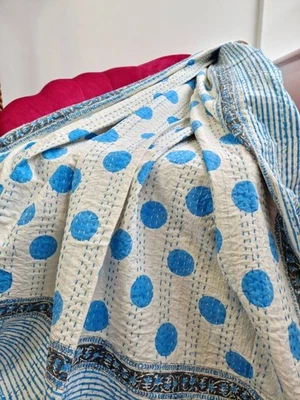 Polka Dot Indian Handmade Quilted Kantha Throw Reversible Bedding Quilt Kantha - Image 1 of 4