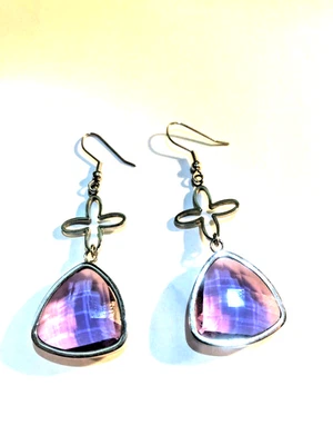 Large Chisel Stainless Steel Synthetic Amethyst Glass Cut Earrings 22mm Wide NEW - Image 1 of 4