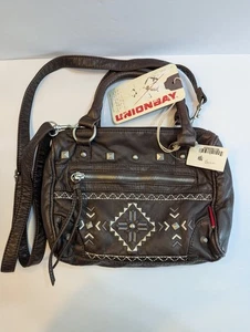 NWT Union Bay Faux Brown Leather Studded Geometric Design Top Handles Crossbody - Picture 1 of 21