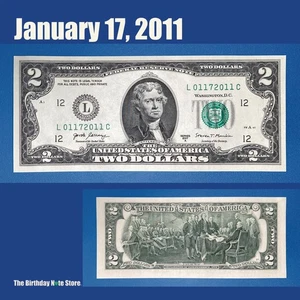 January 17, 2011 Birthday Anniversary $2 Two Dollar Bill Serial Number 01172011 - Picture 1 of 2