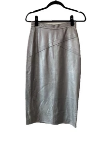 Vintage Suzelle Metallic Sliver Leather Midi Length Skirt Size 6 Hong Kong Made - Picture 1 of 16