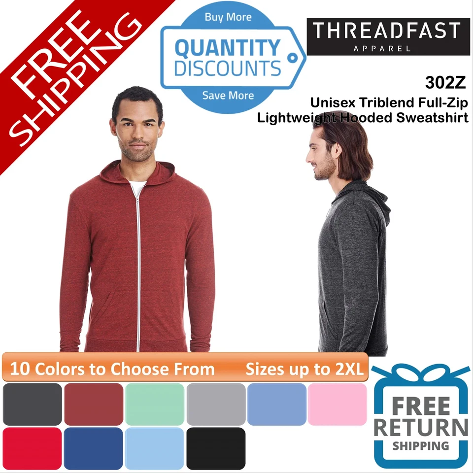 Threadfast Apparel Hombres Triblend Cremallera Completa Ligera Sudadera con Capucha Hasta 2XL 302Z Foto 1 de 1