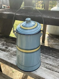 RARE COFFEE CARRIER ROBIN BLUE & COBALT Graniteware Enamelware ANTIQUE UNIQUE - Picture 1 of 23