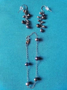 Sterling Silver & Freshwater Pearl Bracelet 7" w/Pierced Earrings~Blue-Green - Picture 1 of 6