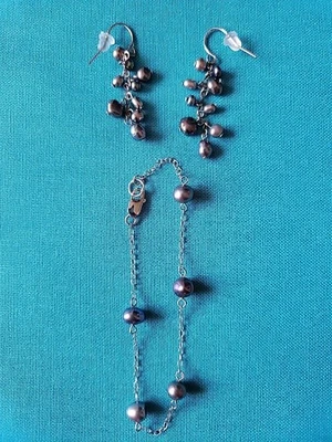 Sterling Silver & Freshwater Pearl Bracelet 7" w/Pierced Earrings~Blue-Green - Image 1 of 4