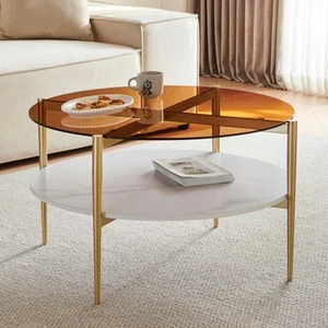 Modern Coffee Table with Glass Top, Round Table for Living Room, Two-Tier 30-... - Picture 1 of 9