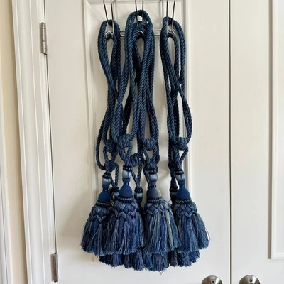 Juego de 6 corbatas de cortina vintage azul seda con borlas Foto 1 de 4