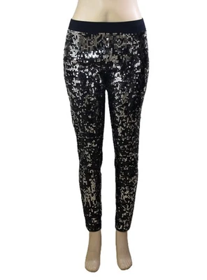 NWT EXPRESS Size L Sequin Leggings Pull-On Style Mid Rise Black Silver 90105 - Image 1 of 4
