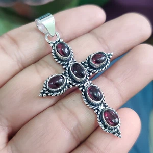 Mozambique Red Garnet Gemstone 925 Sterling Silver Handmade Cross Pendant/pk-287 - Picture 1 of 10