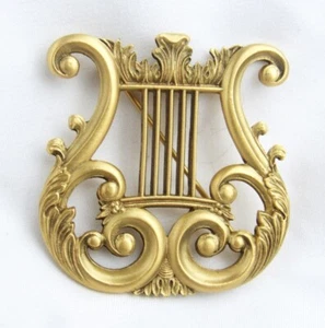 Hermitage Signed Elegant Gold Metal Harp Lyre Brooch Pin - Picture 1 of 6