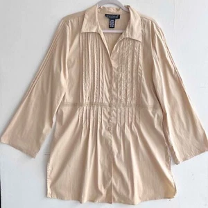 Dialogue Pleated Tunic Blouse Large Tan Button Down WIDE Sleeve WOMENS NWOT - Picture 1 of 12