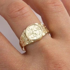Solid 10K Gold Mexian 50 Pesos Centenario Nugget Signet Ring Yellow gold - Picture 1 of 5