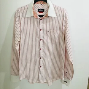 Men's Cats Eye Pink Size 16 1/2 Long Sleeve Slim Fit Collared Striped Shirt - Picture 1 of 5