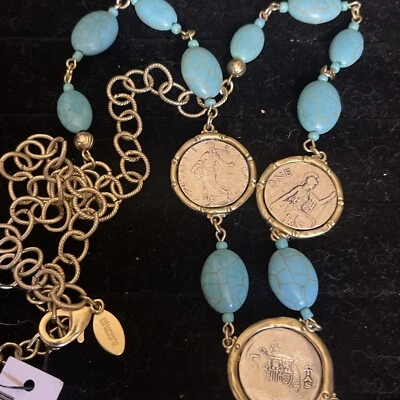 Chico's Isabella Faux Turquoise Beaded Coin Y -Gold Tone - Pendant Necklace 34” - Image 1 of 4