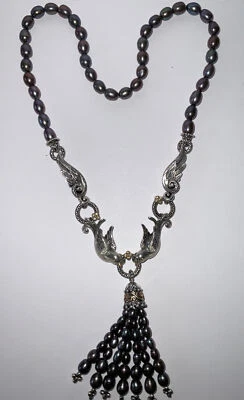 Barbara Bixby Sterling Silver 18K Swallows Sparrows Birds Black Pearl Necklace - Image 1 of 4