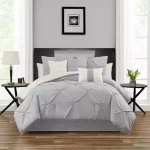 Sanders Pom-Pom 7-Piece King Comforter Set, Gray, King - Picture 1 of 1