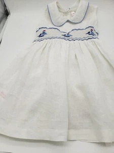 Ribbons and Roses Girl's 100% Pima Cotton Handsmocked Dress w/ Sailboat Motive - Picture 1 of 6