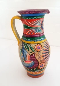 Vintage Mexico Folk Art Talavera Pottery Pitcher Hand Painted Jug Sun Bird 10.5" - Picture 1 of 22