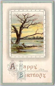 Postcard A Happy Birthday Winter Scene Stylized Lettering Silver Accents 1913 - Picture 1 of 2