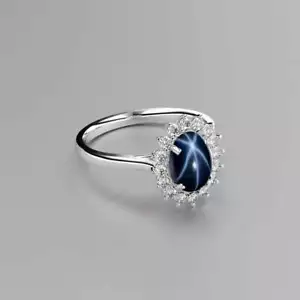 Genuine Blue Star Sapphire Halo Ring Sterling Silver 925 / Topaz / Oval-Shaped - Picture 1 of 2