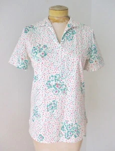 Vintage 70er Mod blau rosa Punkte Blumen Skizze Poly Strick Kragen V-Ausschnitt Bluse Top M - Bild 1 von 5