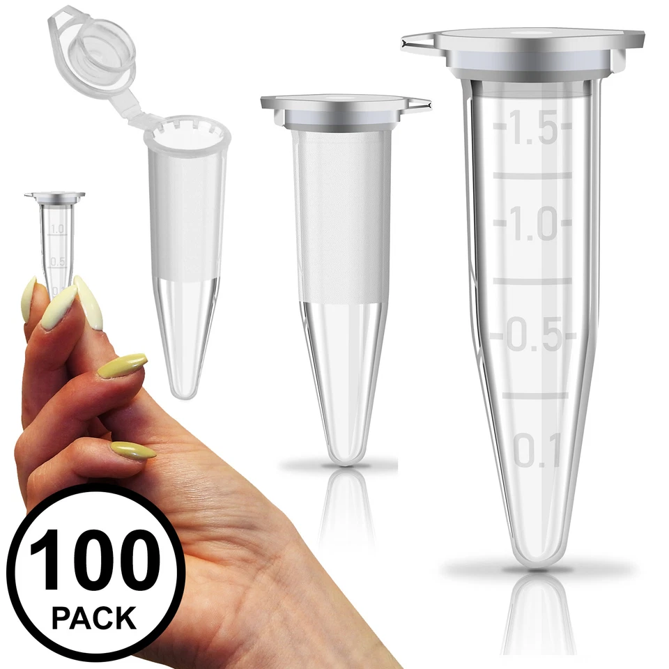 100 Pack - RE-GEN 1.5ml Micro Centrifuge Lab Test Tube Vials Snap Cap Containers - Image 1 of 1