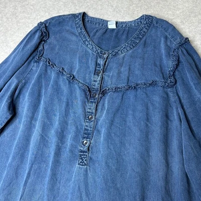 Old Navy Women's XL Blue Denim Chambray Button Front Ruffle Long Sleeve Dress - Image 1 of 4