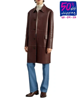 RRP €4789 DUNHILL Leather Coat Size L Bordeaux Unlined Collared Made in Italy - Image 1 of 4