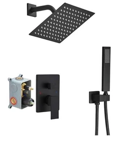 Matte Black 12” Square Shower Faucet Set - High-Pressure Rainfall Shower System - Picture 1 of 10