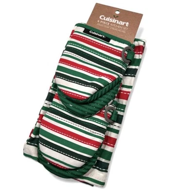 Juego de cocina Cuisinart 4 piezas 2 toallas 2 mini guantes de silicona rayas rojas y verdes nuevo con etiquetas Foto 1 de 4