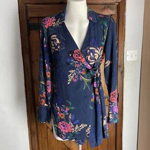 Maeve Anthropologie Blue Floral Long Sleeve Wrap Shirt Blouse Size Medium - Picture 1 of 9