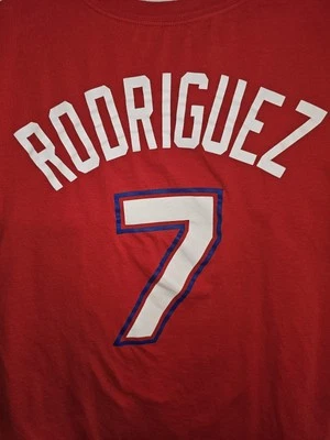 Nike Texas Rangers Ivan Rodriguez Large Mens Red Graphic Logo Tshirt MLB - Image 1 of 4