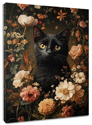 Botanical Pink Floral Funny Black Cat Canvas Wall Art for Bathroom Living Room - Image 1 of 4