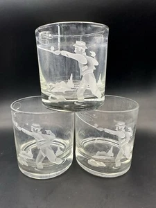 Vintage Etched Whiskey Glasses (3) Fly Fishing glass is clear, but cloudy AS IS - Picture 1 of 14